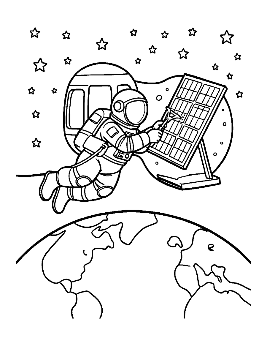 Line drawing of an astronaut on a tether fixing a panel outside a space capsule