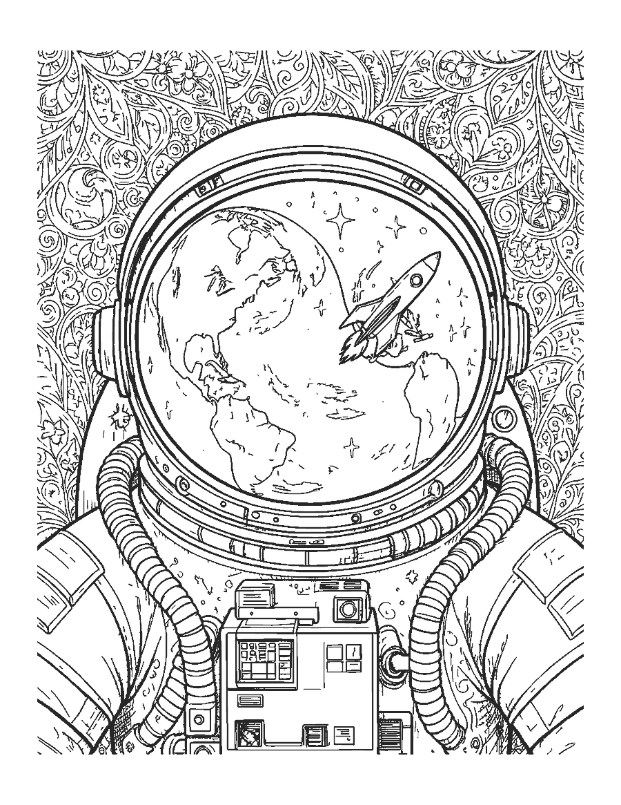 Line drawing close-up of an astronaut helmet visor reflecting Earth and stars