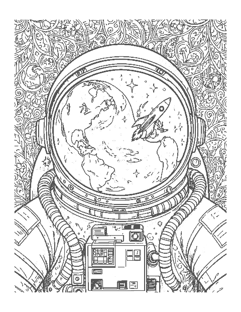 Line drawing close-up of an astronaut helmet visor reflecting Earth and stars