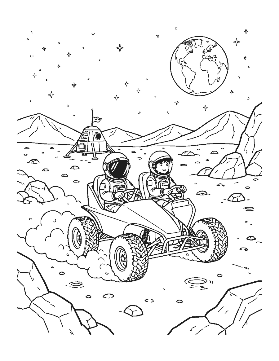 Line drawing of two astronauts driving a buggy across the Moon with Earth above