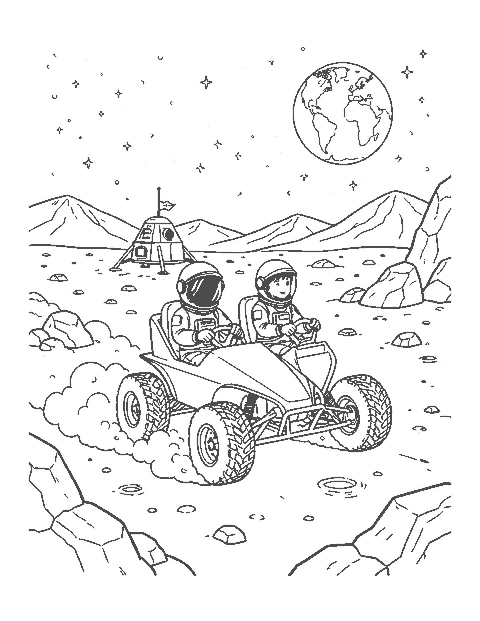 Line drawing of two astronauts driving a buggy across the Moon with Earth above