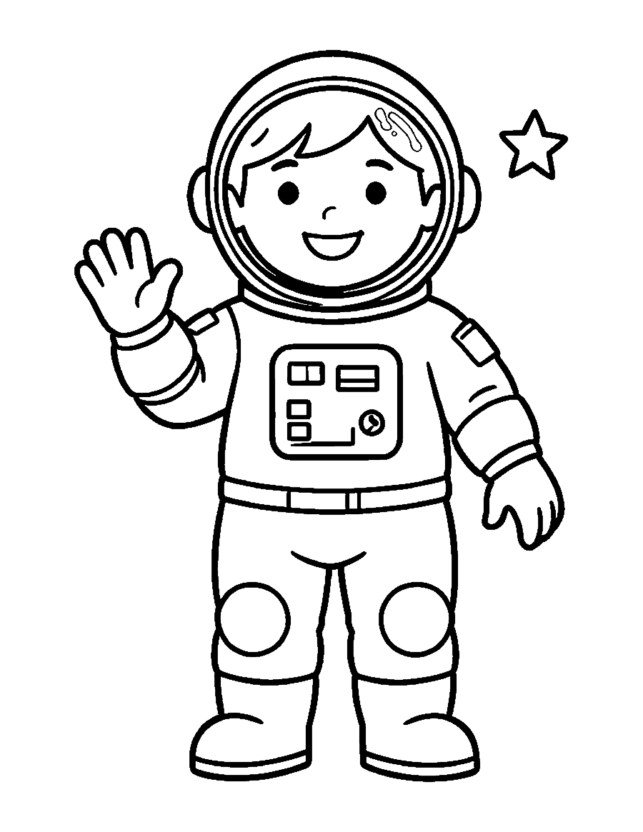 Line drawing of a smiling child astronaut in a spacesuit waving hello