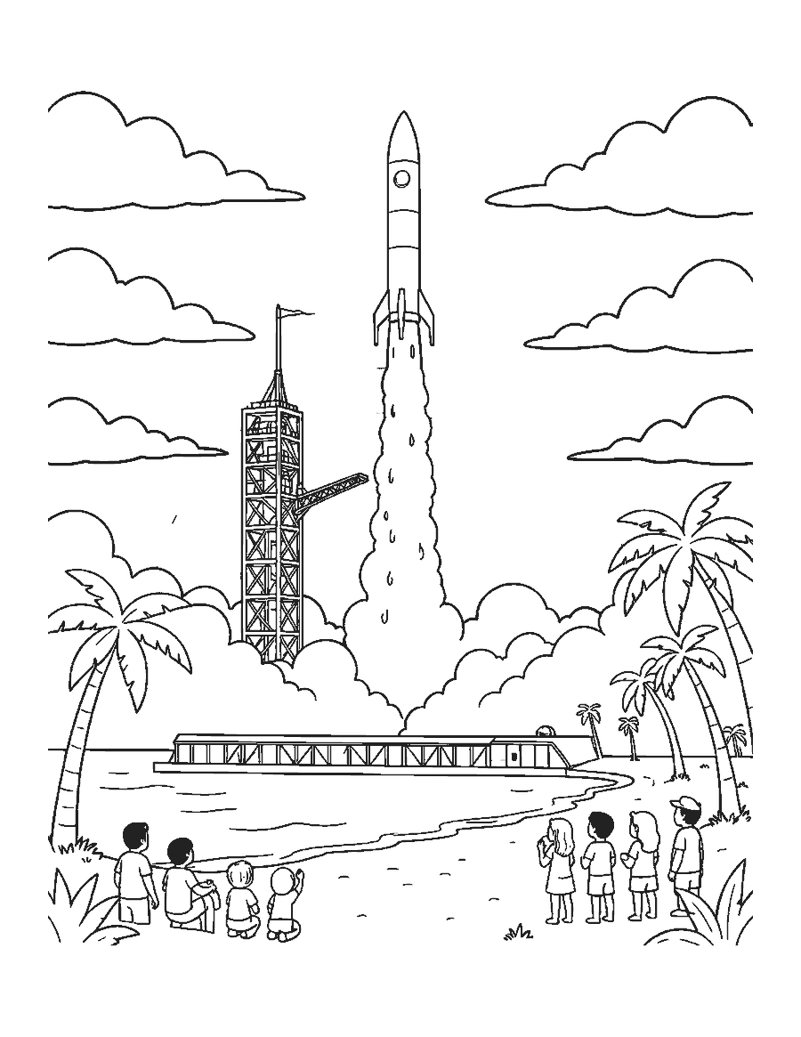Line drawing of a tall rocket launching from a seaside tower at sunrise