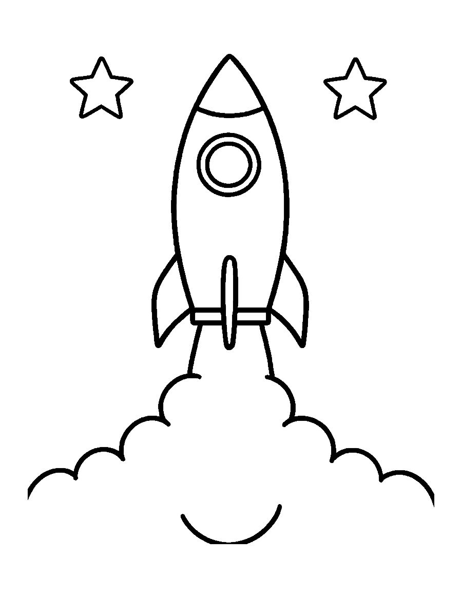 Line drawing of a simple rocket with round windows blasting off