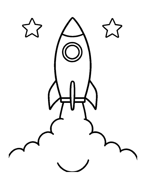Line drawing of a simple rocket with round windows blasting off