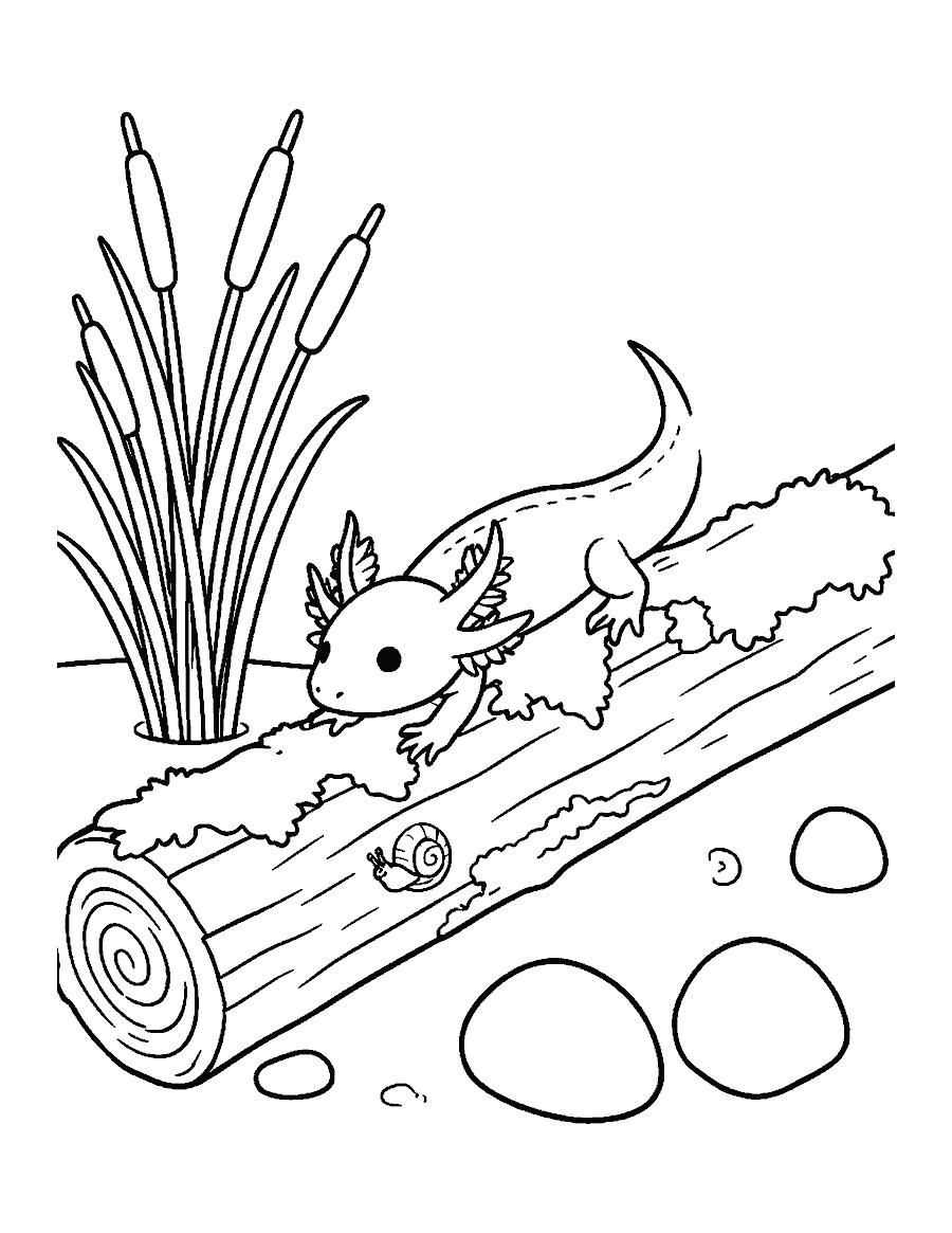 Line drawing of an axolotl crawling along a sunken mossy log beside a snail and reeds