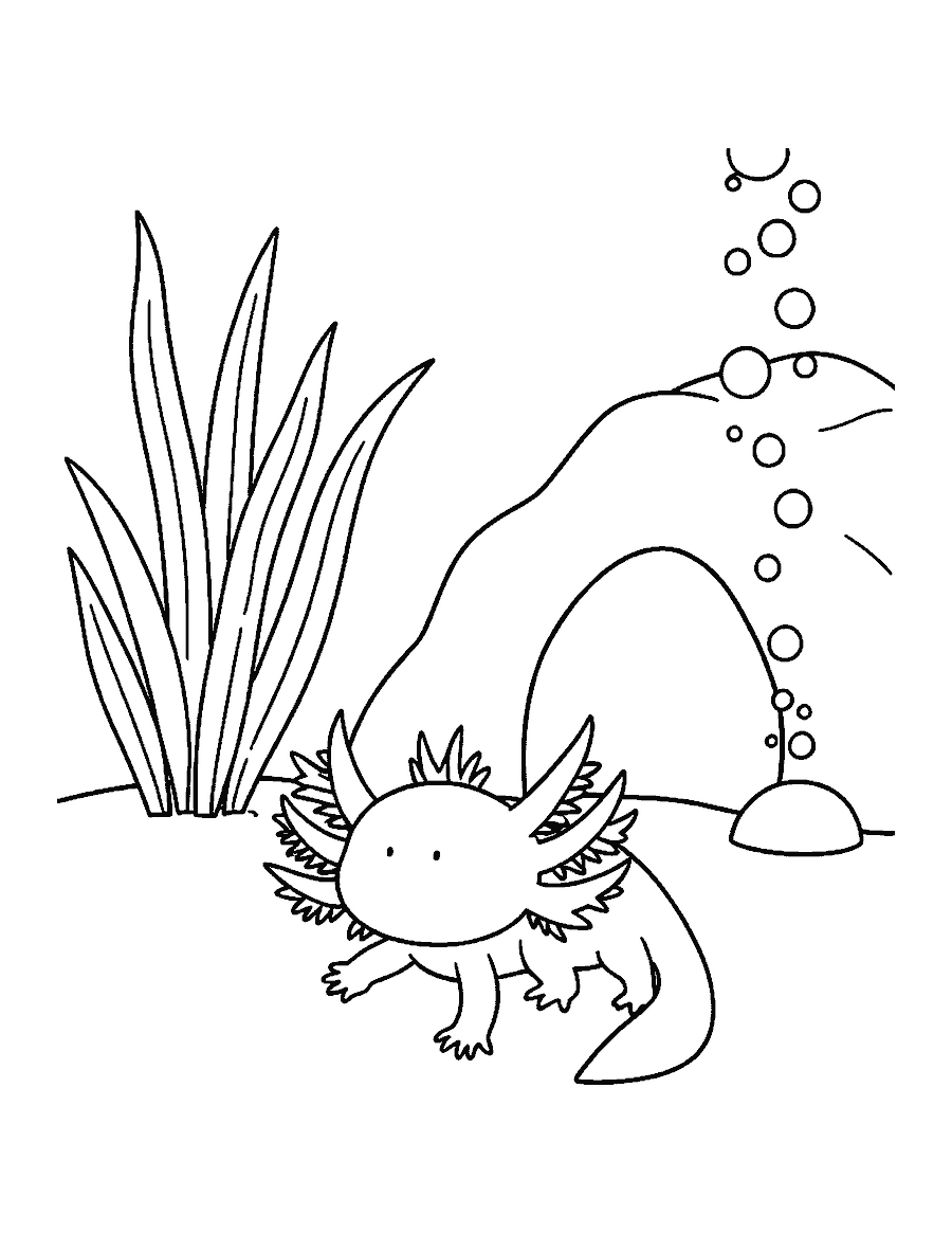 Line drawing of an axolotl walking on aquarium pebbles beside water plants and a rock cave