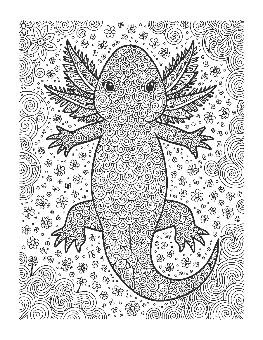 Line drawing of an axolotl seen from above with its body filled with doodle patterns