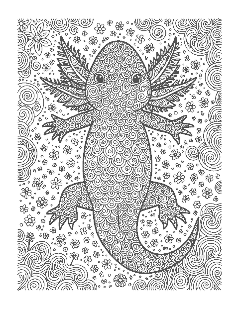 Line drawing of an axolotl seen from above with its body filled with doodle patterns