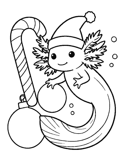 Line drawing of an axolotl in a Santa hat beside a candy cane and two ornaments