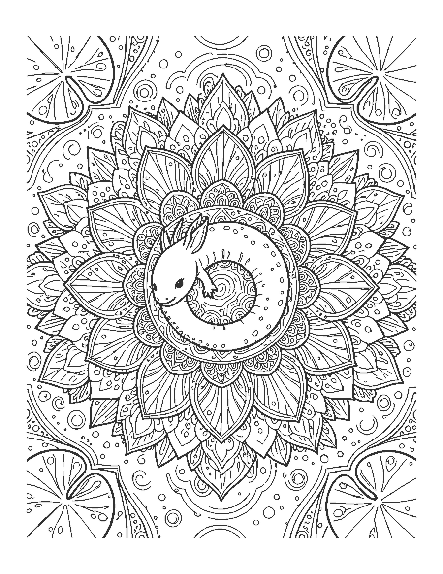 Line drawing of a curled axolotl in the middle of a mandala made of water lily petals