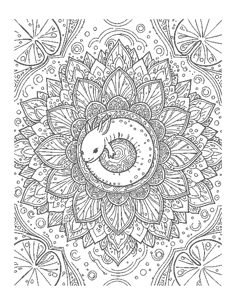 Line drawing of a curled axolotl in the middle of a mandala made of water lily petals