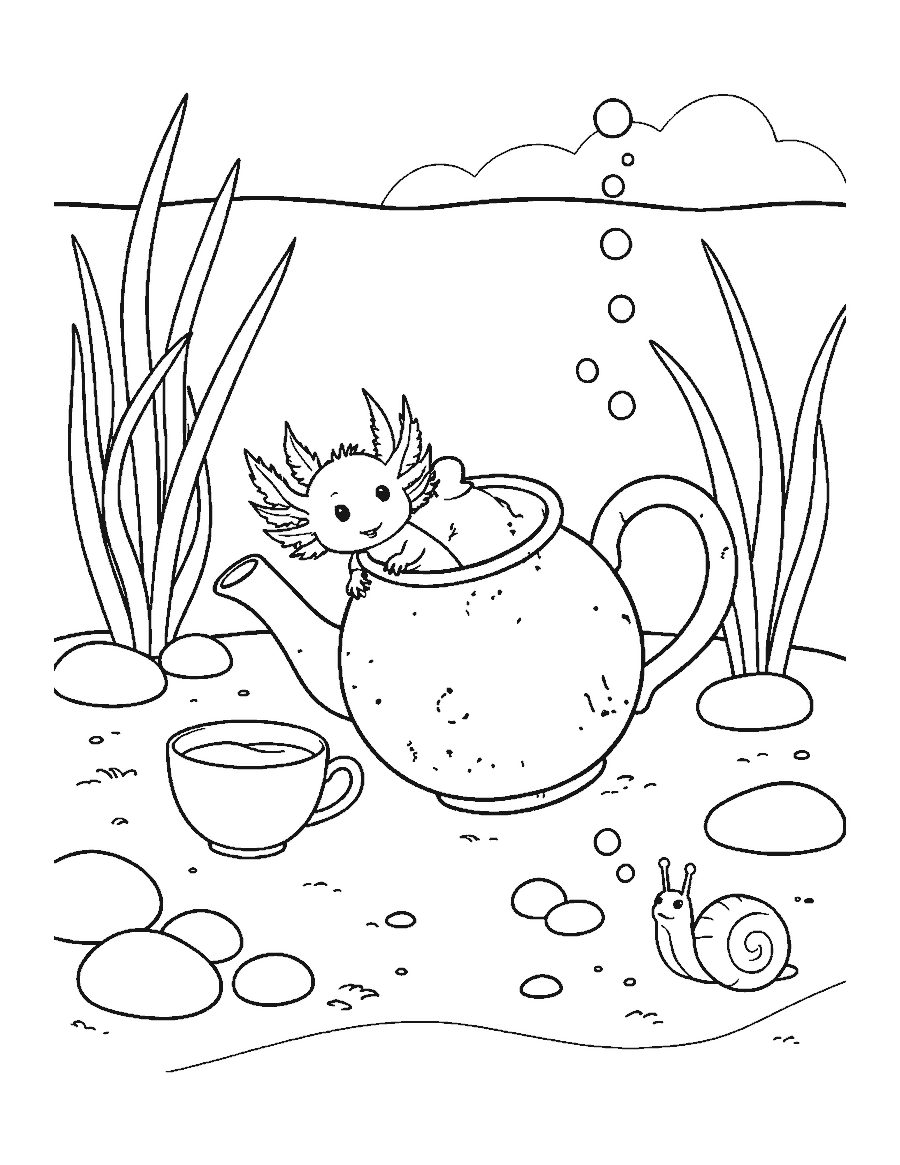 Line drawing of an axolotl peeking out of a sunken teapot among water plants and stones