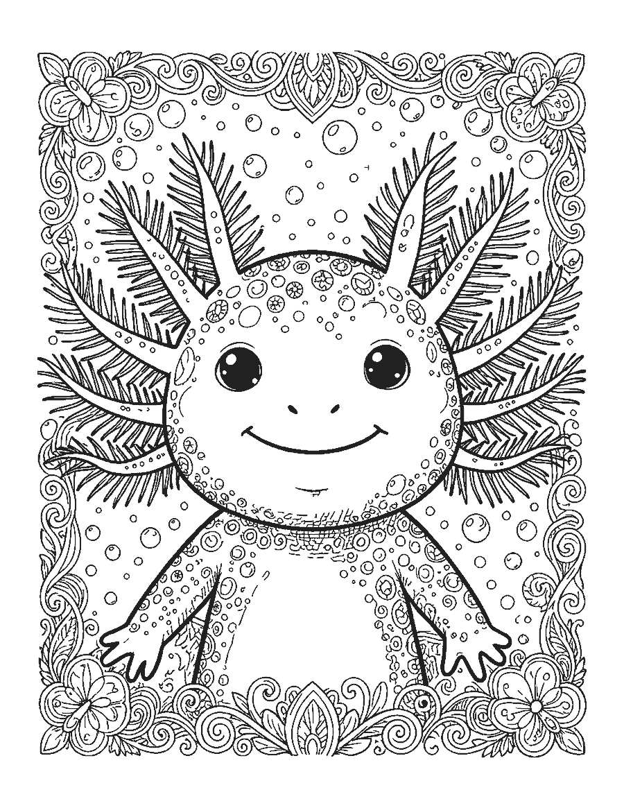Line drawing close-up of an axolotl's face with finely detailed feathery gills