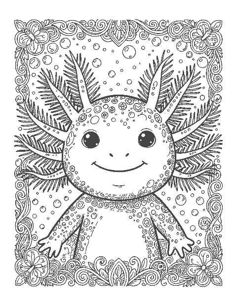 Line drawing close-up of an axolotl's face with finely detailed feathery gills