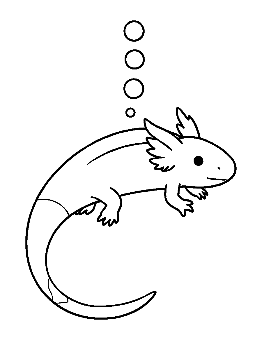 Line drawing of an axolotl swimming side-on with its tail curved and bubbles above