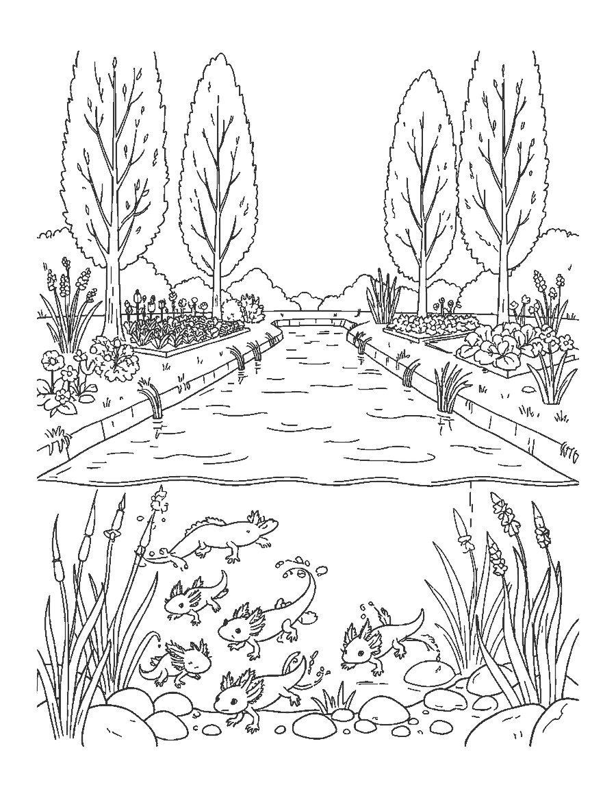 Line drawing of axolotls swimming in a canal below garden islands with willow trees