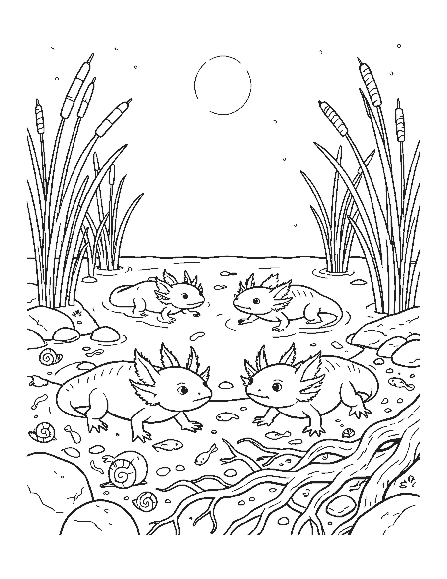 Line drawing of several axolotls on a lake bed at night among reeds, snails and tadpoles