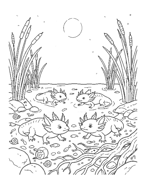 Line drawing of several axolotls on a lake bed at night among reeds, snails and tadpoles