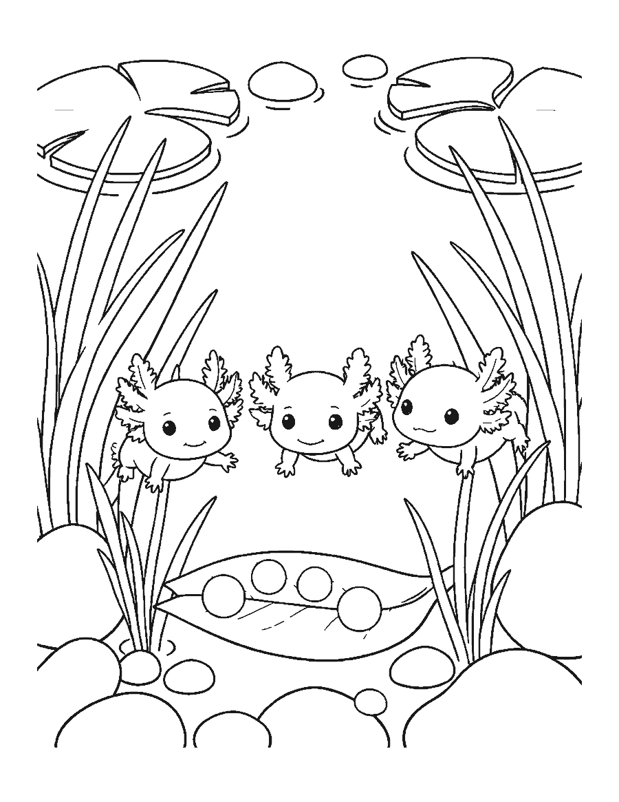 Line drawing of three baby axolotls among pond weed with eggs on a leaf and lily pads above