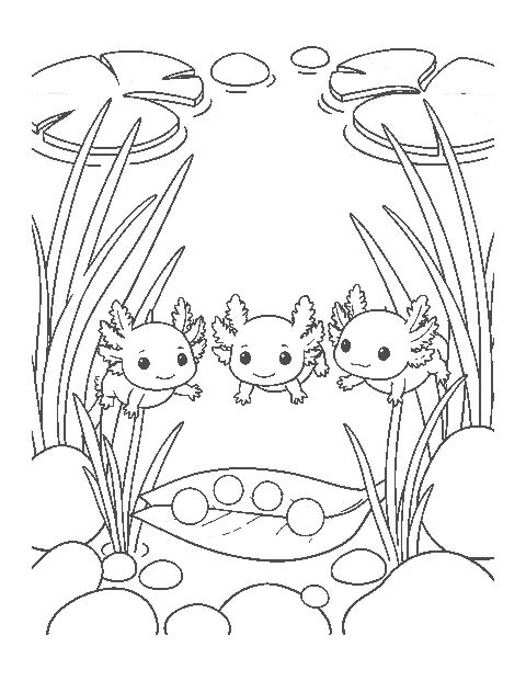 Line drawing of three baby axolotls among pond weed with eggs on a leaf and lily pads above