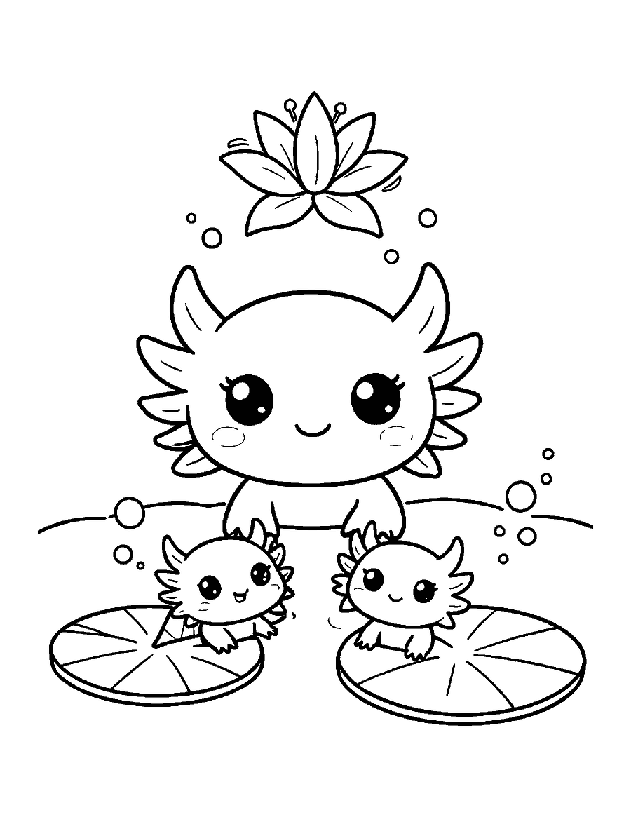 Line drawing of a cute axolotl mother and two babies swimming under lily pads