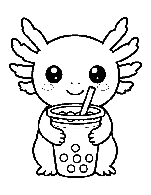 Line drawing of a cute chibi axolotl holding a cup of bubble tea with a wide straw