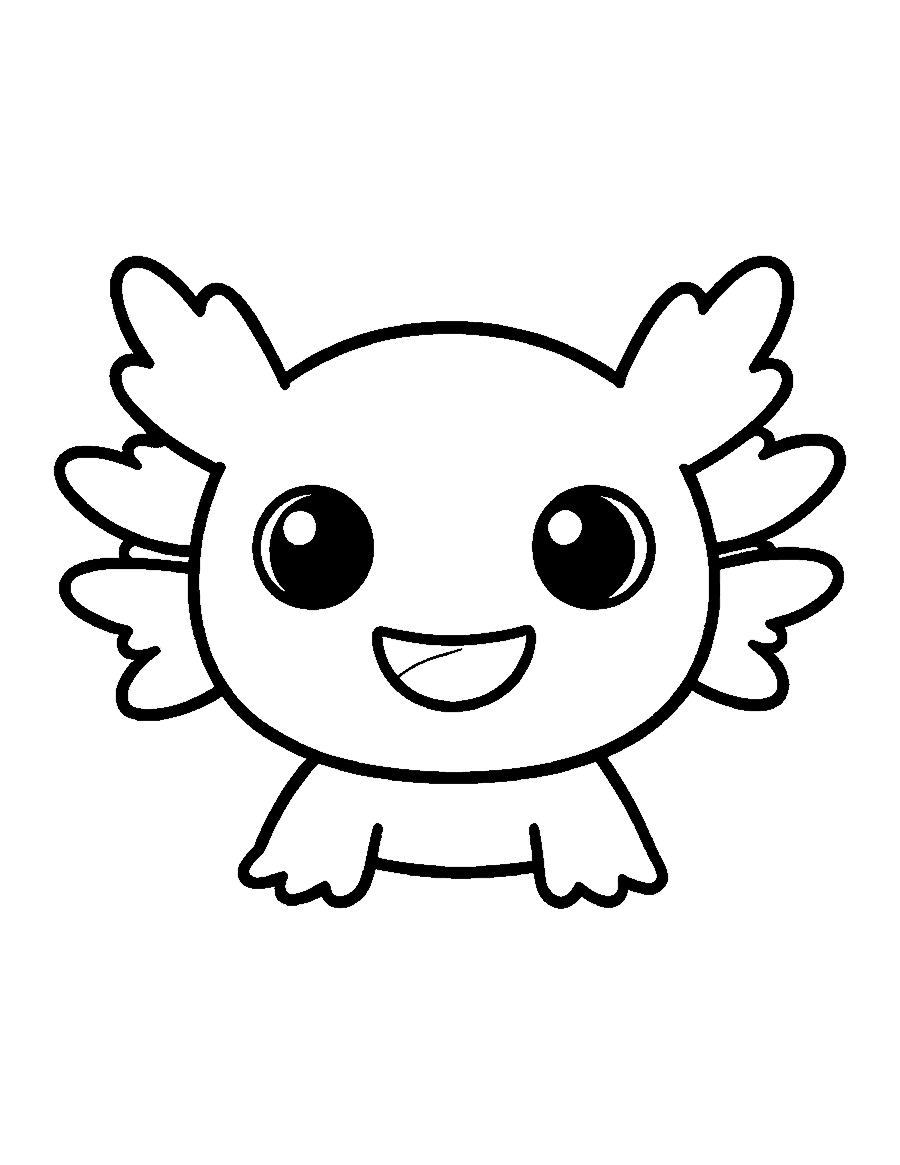 Line drawing of a cute chibi axolotl with a wide smile and frilly gills