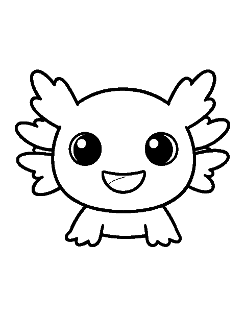 Line drawing of a cute chibi axolotl with a wide smile and frilly gills