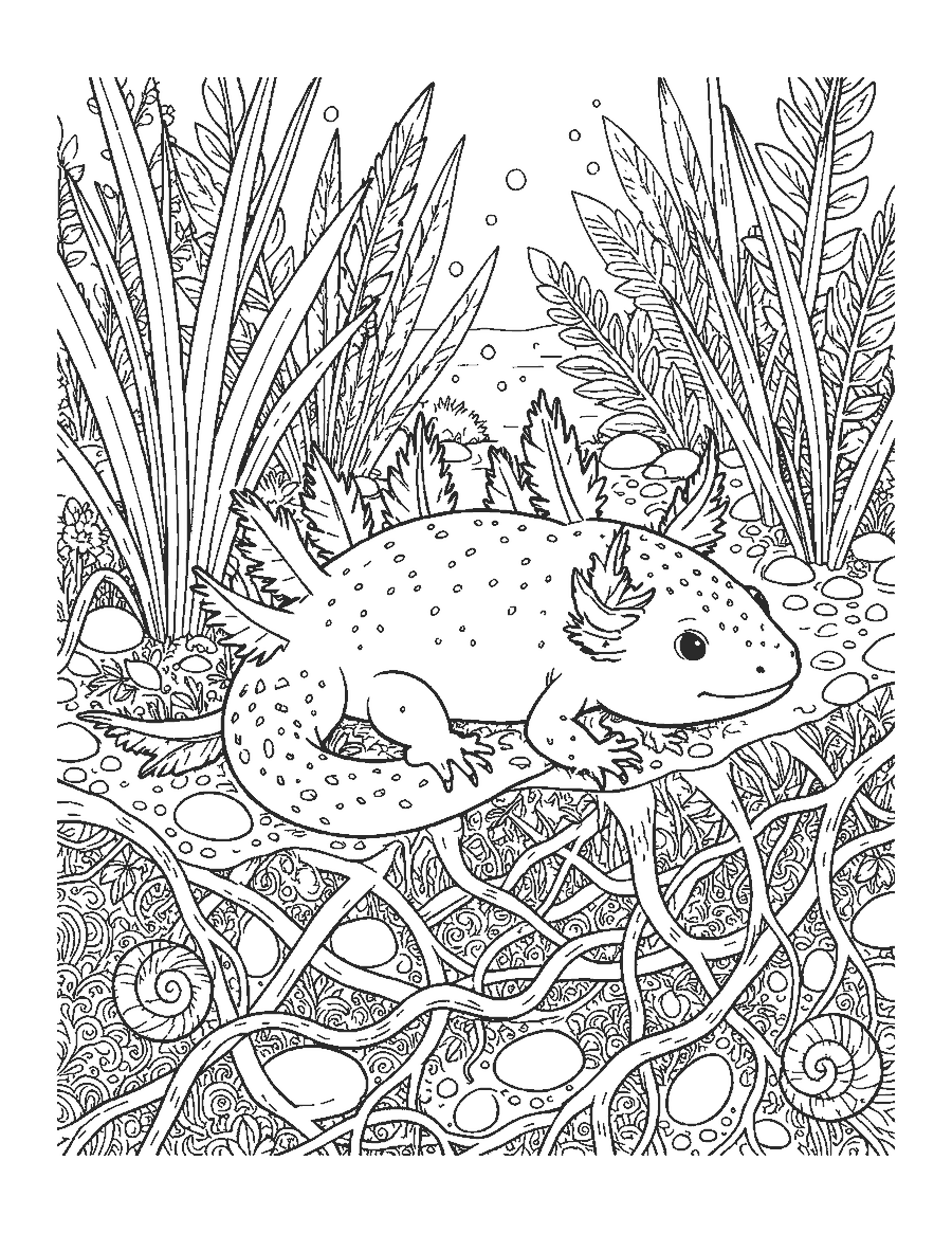 Line drawing of a speckled wild axolotl on a canal bed among water plants, roots and pebbles