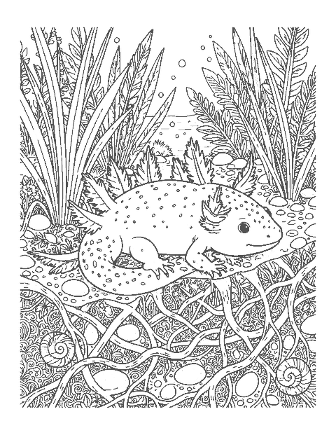 Line drawing of a speckled wild axolotl on a canal bed among water plants, roots and pebbles