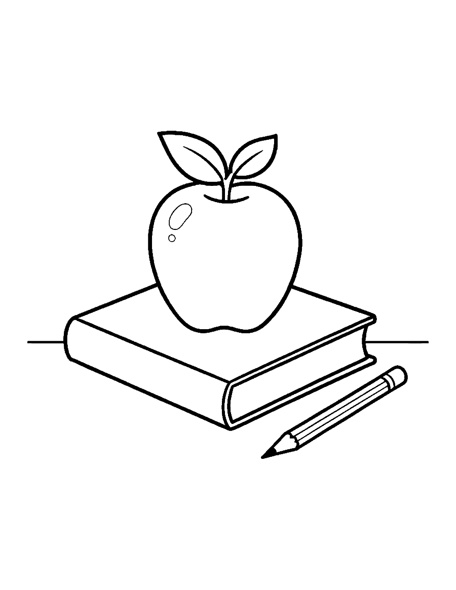 Line drawing of an apple on two books with a pencil lying beside them