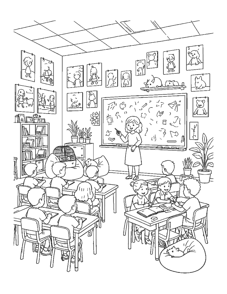 Line drawing of a busy classroom with a teacher, students, beanbags and plants