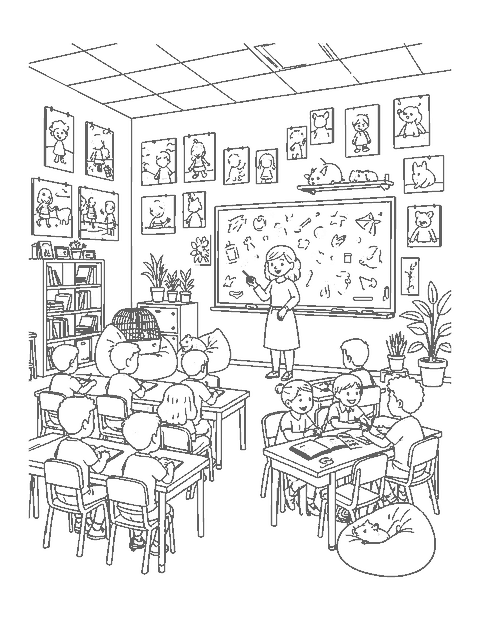 Line drawing of a busy classroom with a teacher, students, beanbags and plants
