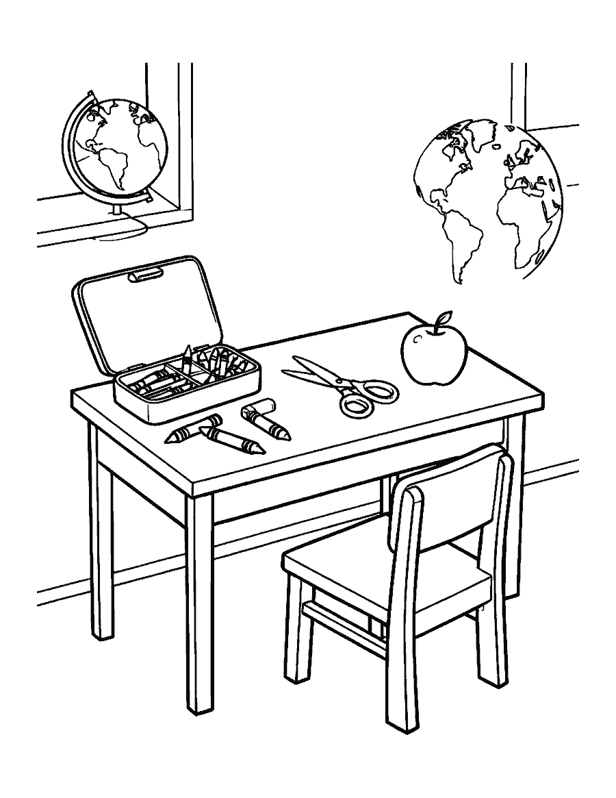 Line drawing of a school desk with crayons, scissors and an apple