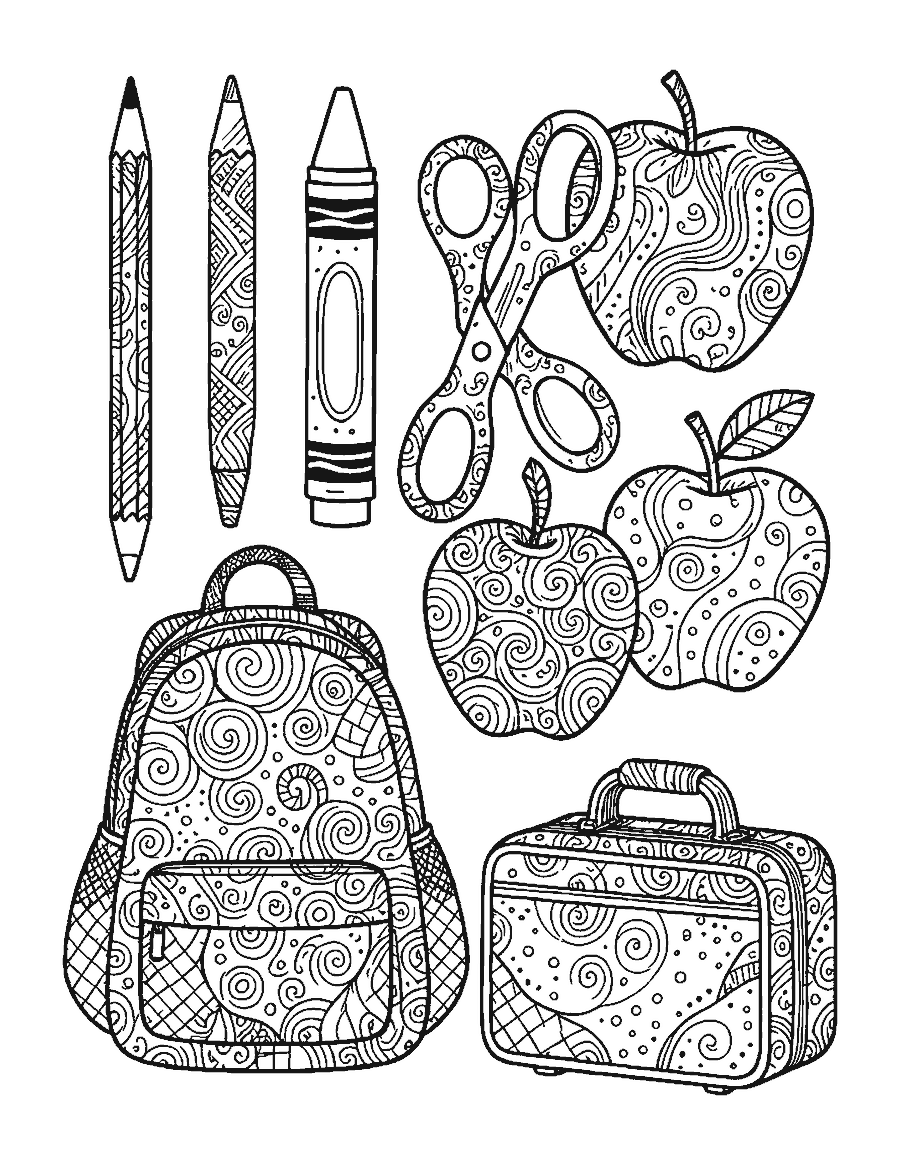 Line drawing of school supplies packed together and filled with doodle patterns
