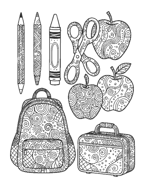 Line drawing of school supplies packed together and filled with doodle patterns