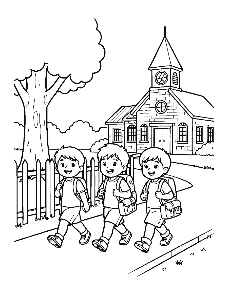 Line drawing of three children with backpacks walking toward a brick school