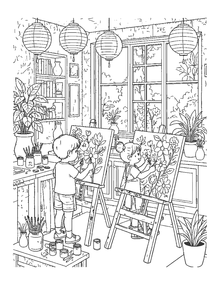 Line drawing of two children painting at easels in a school art room with paint pots and plants