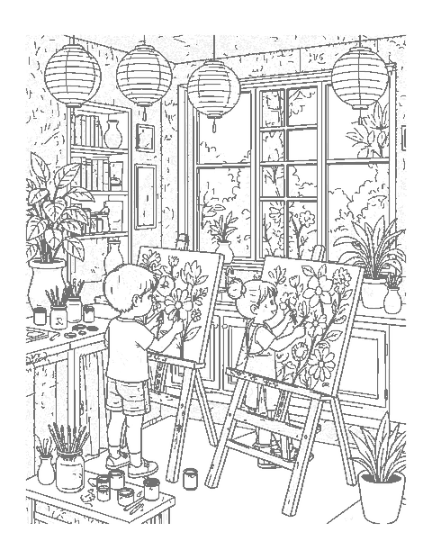 Line drawing of two children painting at easels in a school art room with paint pots and plants