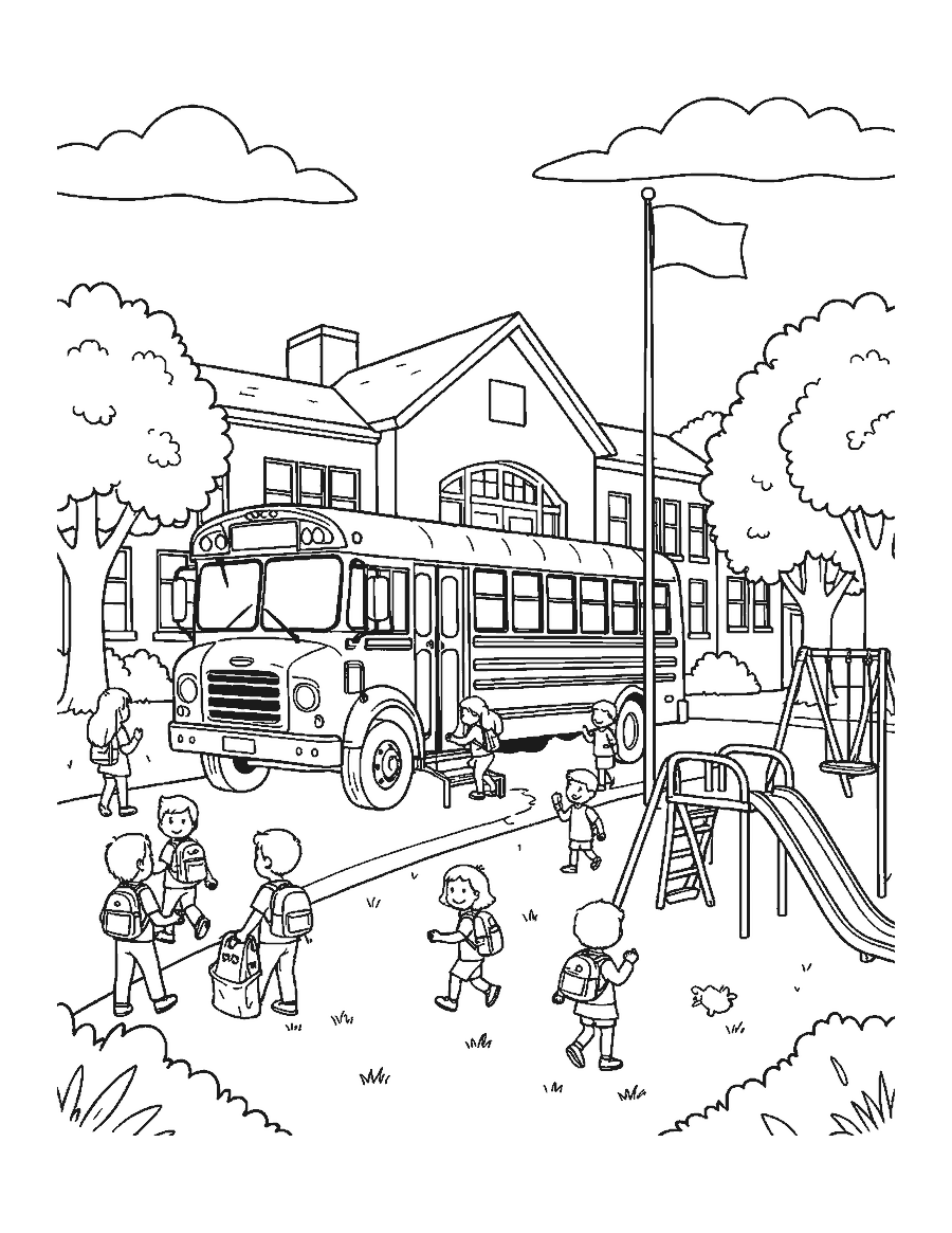 Line drawing of a school bus at a brick school with children going up the steps