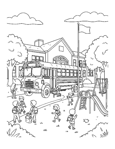 Line drawing of a school bus at a brick school with children going up the steps