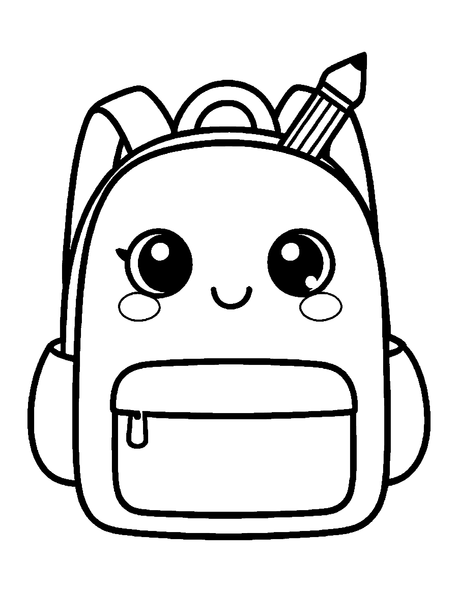Line drawing of a cute smiling backpack with a pencil and paintbrush sticking out