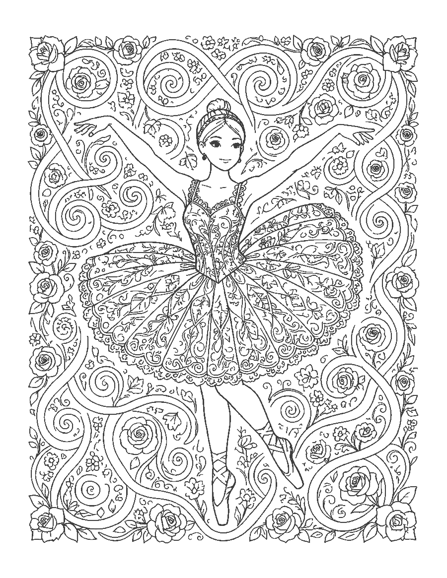 Line drawing of a ballerina in arabesque with a tutu filled with intricate lace patterns