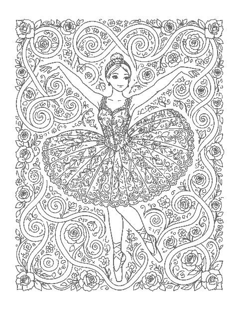 Line drawing of a ballerina in arabesque with a tutu filled with intricate lace patterns