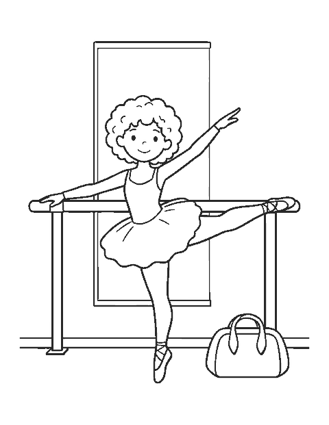 Line drawing of a ballerina stretching her leg on a barre in front of a mirror