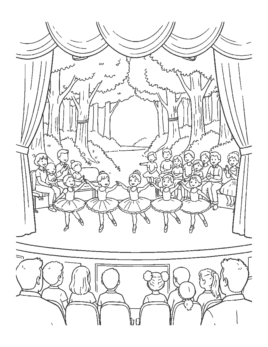 Line drawing of young ballerinas dancing on a stage with velvet curtains and an audience