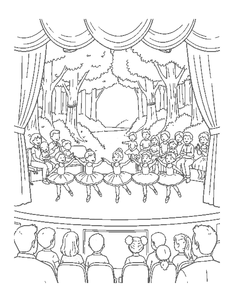 Line drawing of young ballerinas dancing on a stage with velvet curtains and an audience