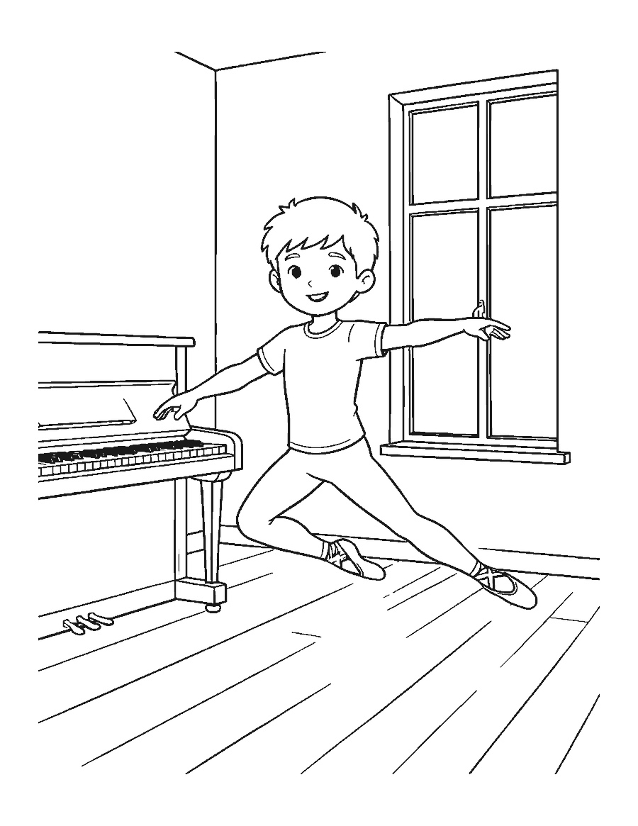 Line drawing of a boy ballet dancer leaping across a studio past a piano