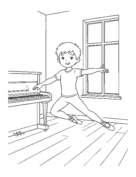 Line drawing of a boy ballet dancer leaping across a studio past a piano